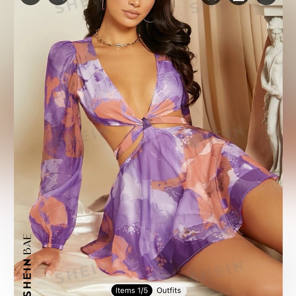 SHEIN Floral Print Deep V Neck Tie Back Mesh Skort Romper